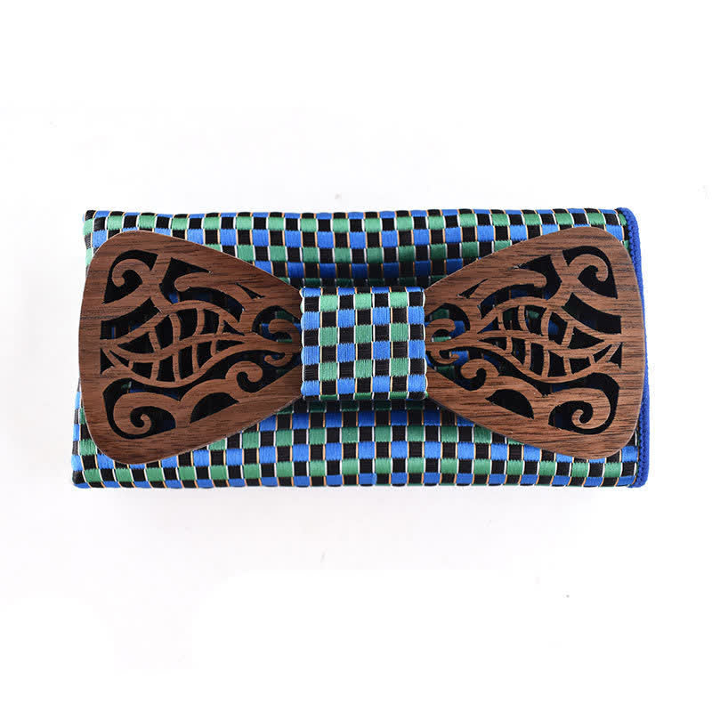 2Pcs Men's Openwork Carved Leaves Wooden Bow Tie Set - Blue & Green - image 10