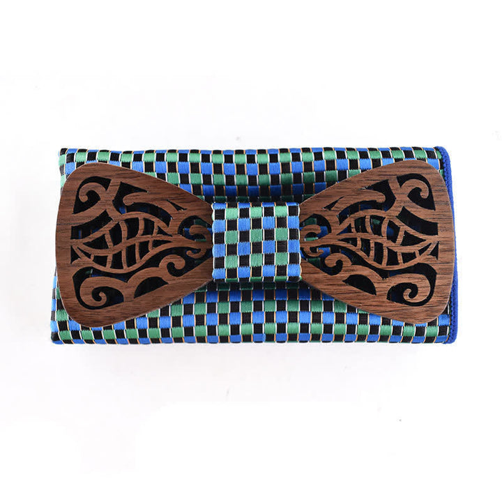 2Pcs Men's Openwork Carved Leaves Wooden Bow Tie Set - Blue & Green - image 10