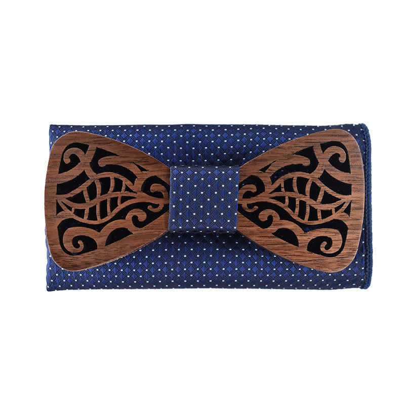 2Pcs Men's Openwork Carved Leaves Wooden Bow Tie Set - Navy - image 8