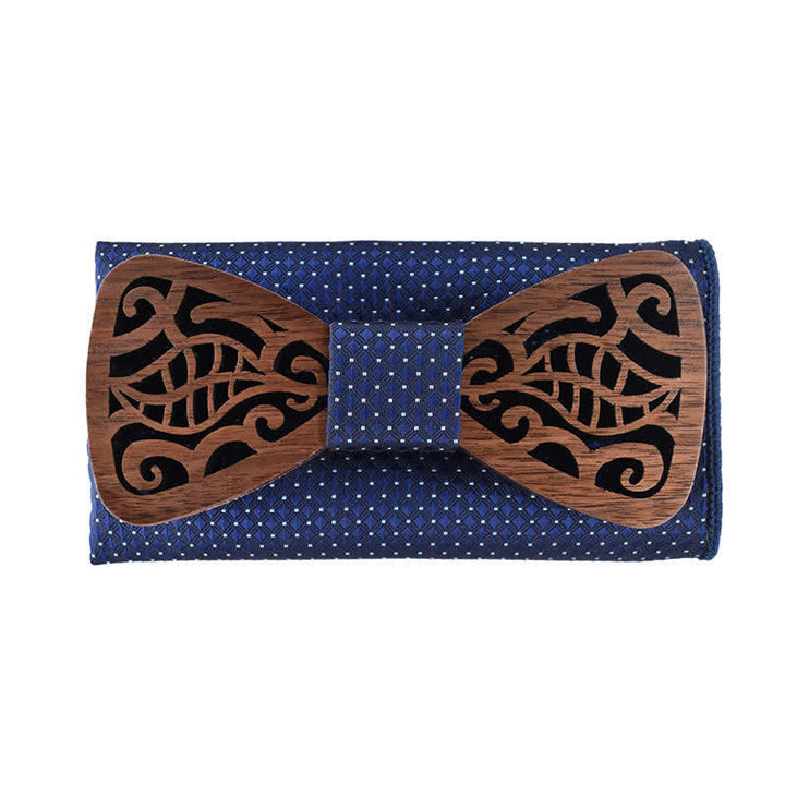 2Pcs Men's Openwork Carved Leaves Wooden Bow Tie Set - Navy - image 8