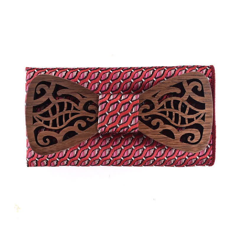 2Pcs Men's Openwork Carved Leaves Wooden Bow Tie Set - Red & Pink - image 7