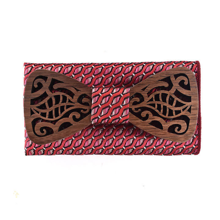 2Pcs Men's Openwork Carved Leaves Wooden Bow Tie Set - Red & Pink - image 7