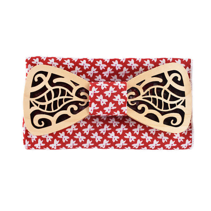 2Pcs Men's Openwork Carved Leaves Wooden Bow Tie Set - Red & White - image 6