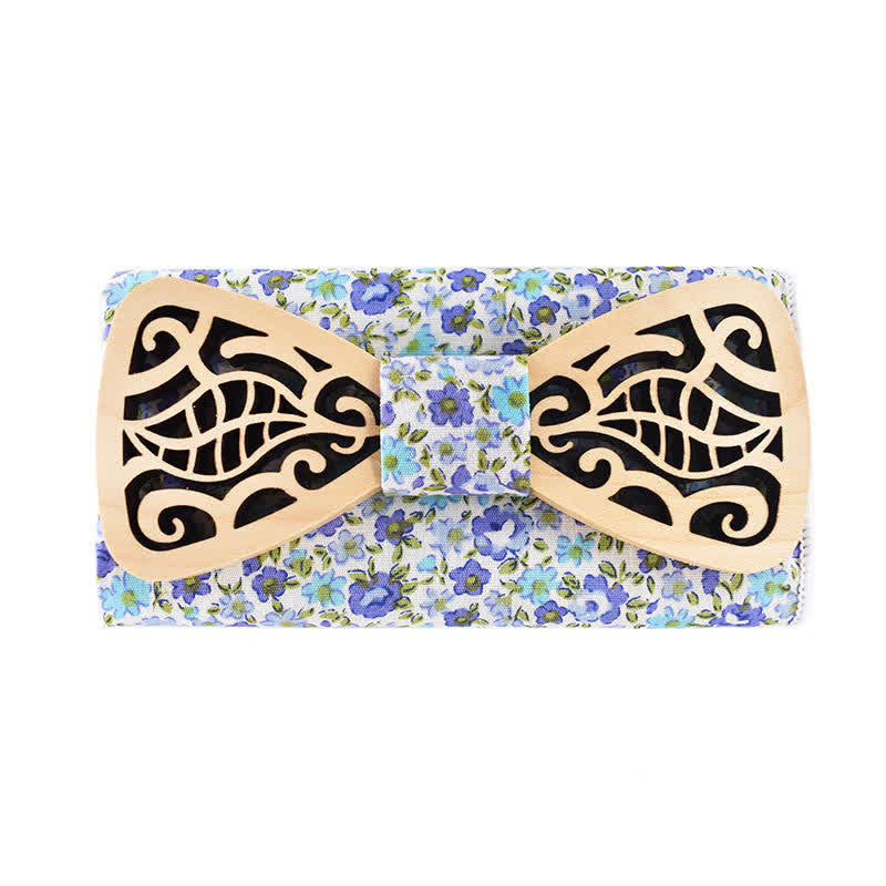 2Pcs Men's Openwork Carved Leaves Wooden Bow Tie Set - Blue & White - image 1