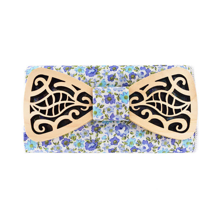 2Pcs Men's Openwork Carved Leaves Wooden Bow Tie Set - Blue & White - image 1