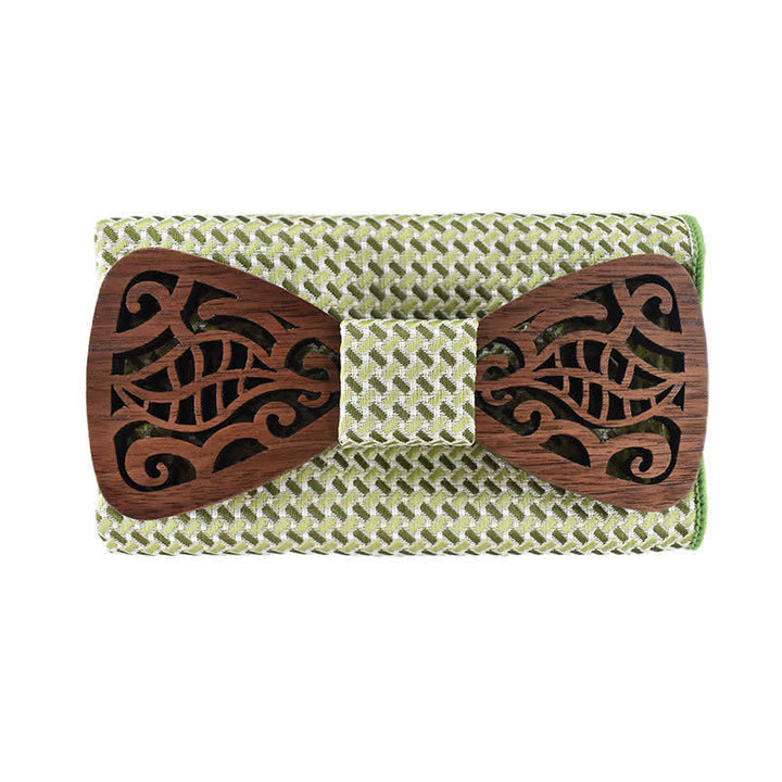 2Pcs Men's Openwork Carved Leaves Wooden Bow Tie Set - Olive Green - image 9