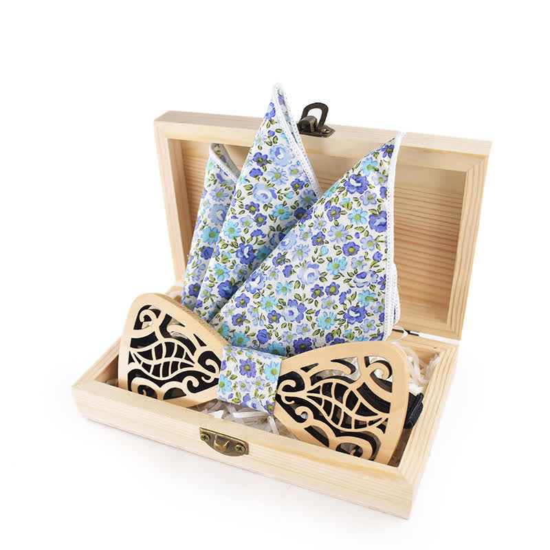 2Pcs Men's Openwork Carved Leaves Wooden Bow Tie Set - image 0