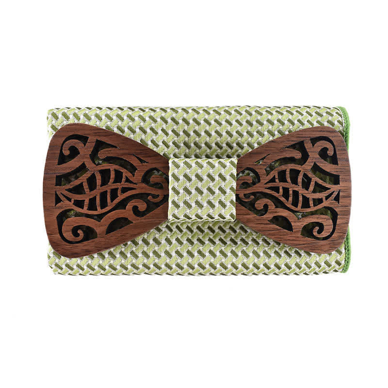 2Pcs Men's Openwork Carved Leaves Wooden Bow Tie Set - Olive Green - image 9