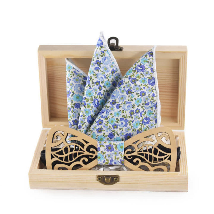 2Pcs Men's Openwork Carved Leaves Wooden Bow Tie Set - image 2