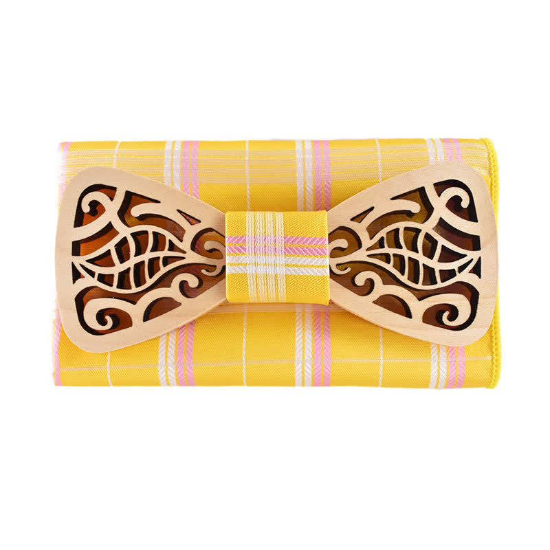 2Pcs Men's Openwork Carved Leaves Wooden Bow Tie Set - Yellow - image 11