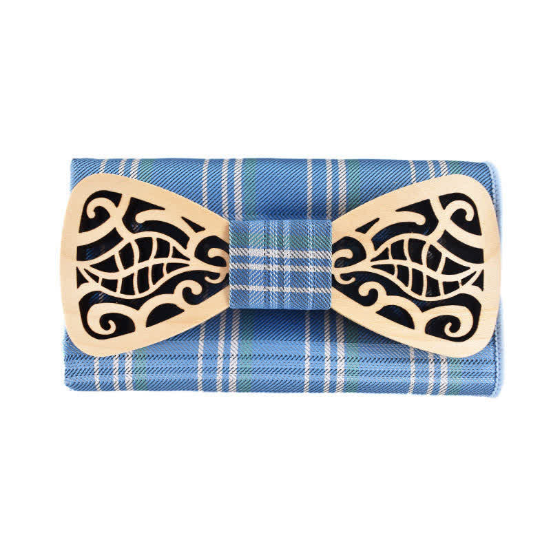 2Pcs Men's Openwork Carved Leaves Wooden Bow Tie Set - Sky Blue - image 12