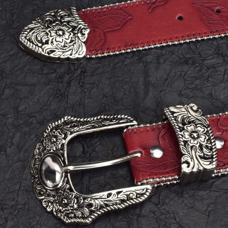 Women's Vintage-Style Dark Red Chain Beaded Leather Belt - image 3