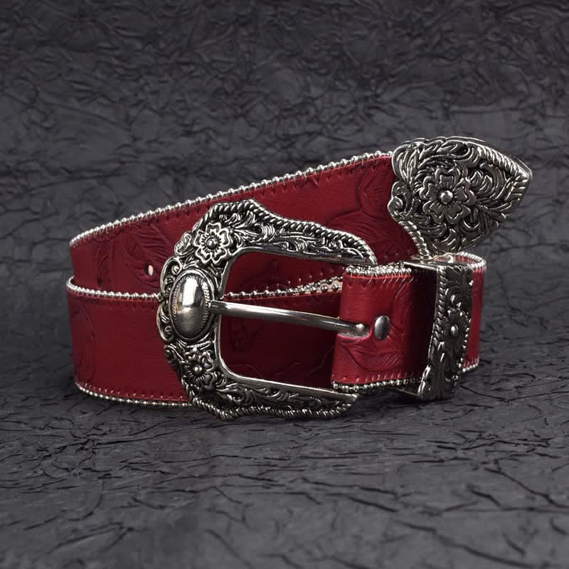 Women's Vintage-Style Dark Red Chain Beaded Leather Belt - Dark Red - 32 - image 0