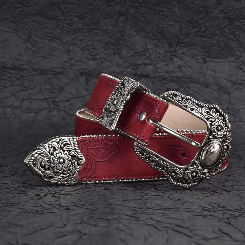 Women's Vintage-Style Dark Red Chain Beaded Leather Belt - image 2