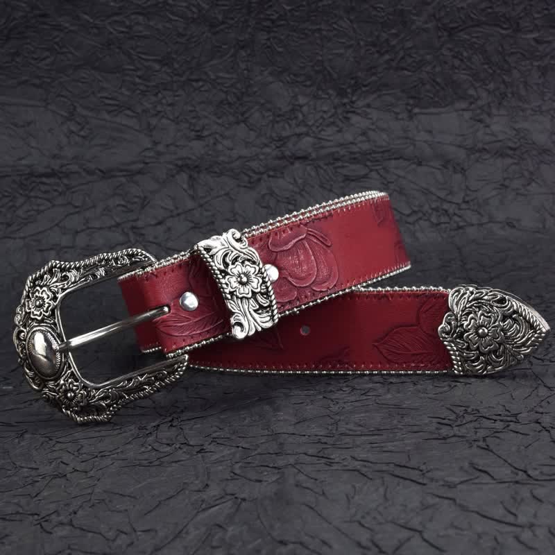 Women's Vintage-Style Dark Red Chain Beaded Leather Belt - image 1