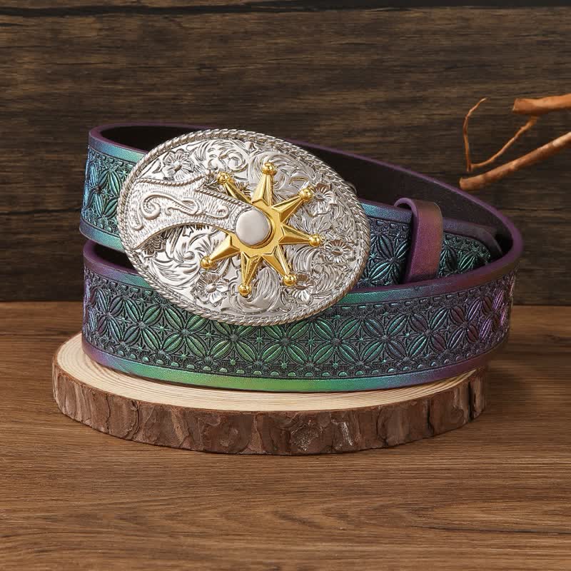Fantastic Gradient Iridescent Strap Western Buckle Leather Belt - Colorful - 40 - image 0