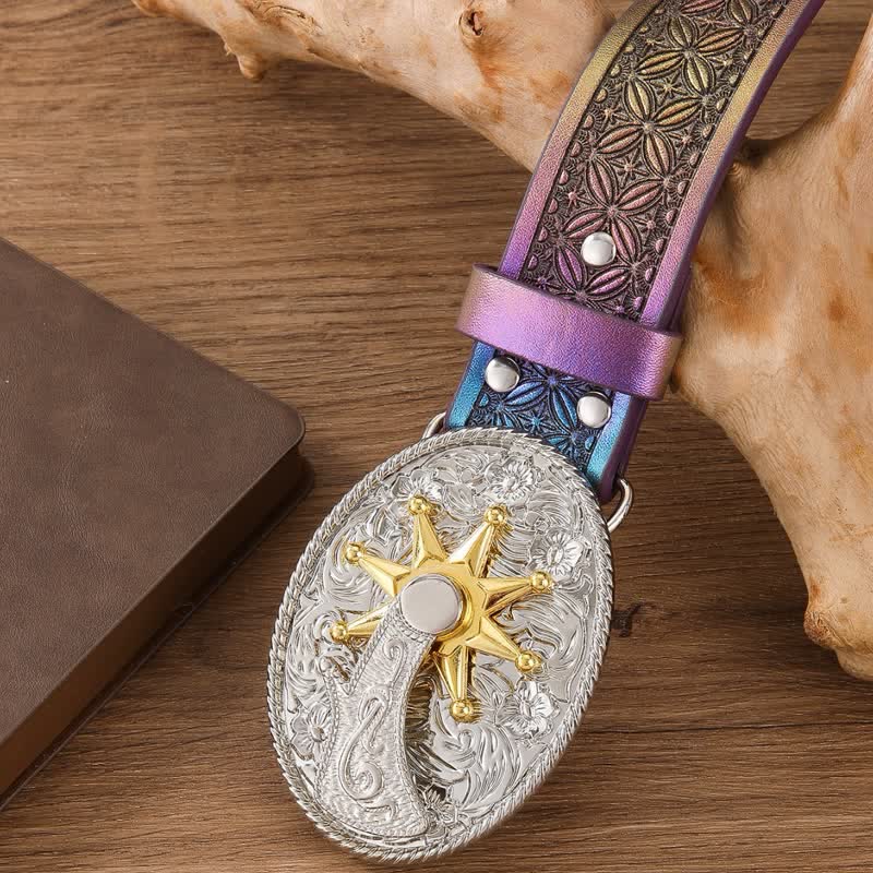 Fantastic Gradient Iridescent Strap Western Buckle Leather Belt - image 1