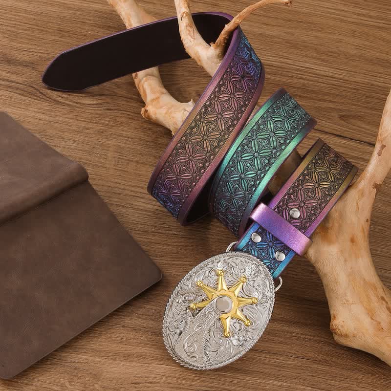 Fantastic Gradient Iridescent Strap Western Buckle Leather Belt - image 1