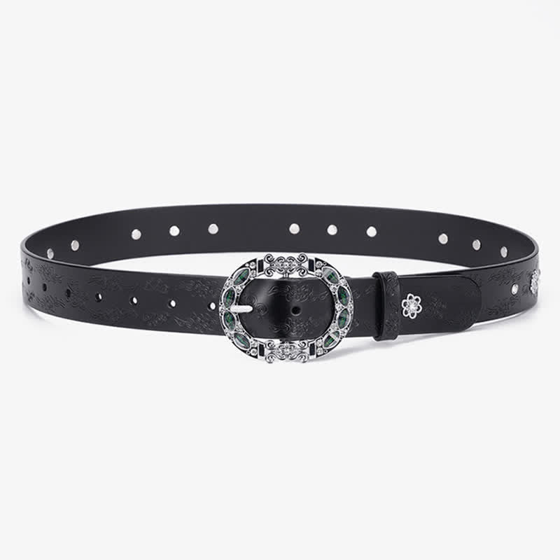 Women's Floral White & Dark Green Rhinestones Leather Belt - image 3