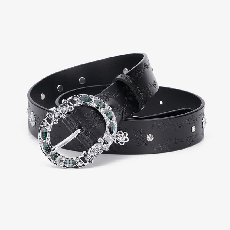 Women's Floral White & Dark Green Rhinestones Leather Belt - image 5