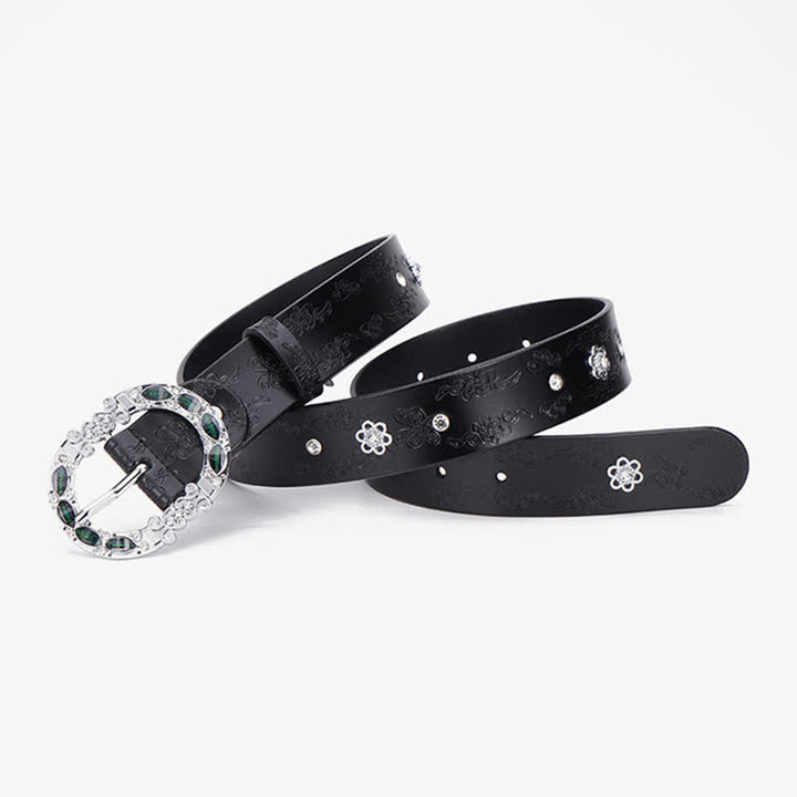 Women's Floral White & Dark Green Rhinestones Leather Belt - image 1