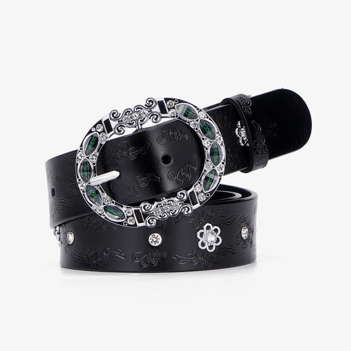 Women's Floral White & Dark Green Rhinestones Leather Belt - Black - 36 - image 0