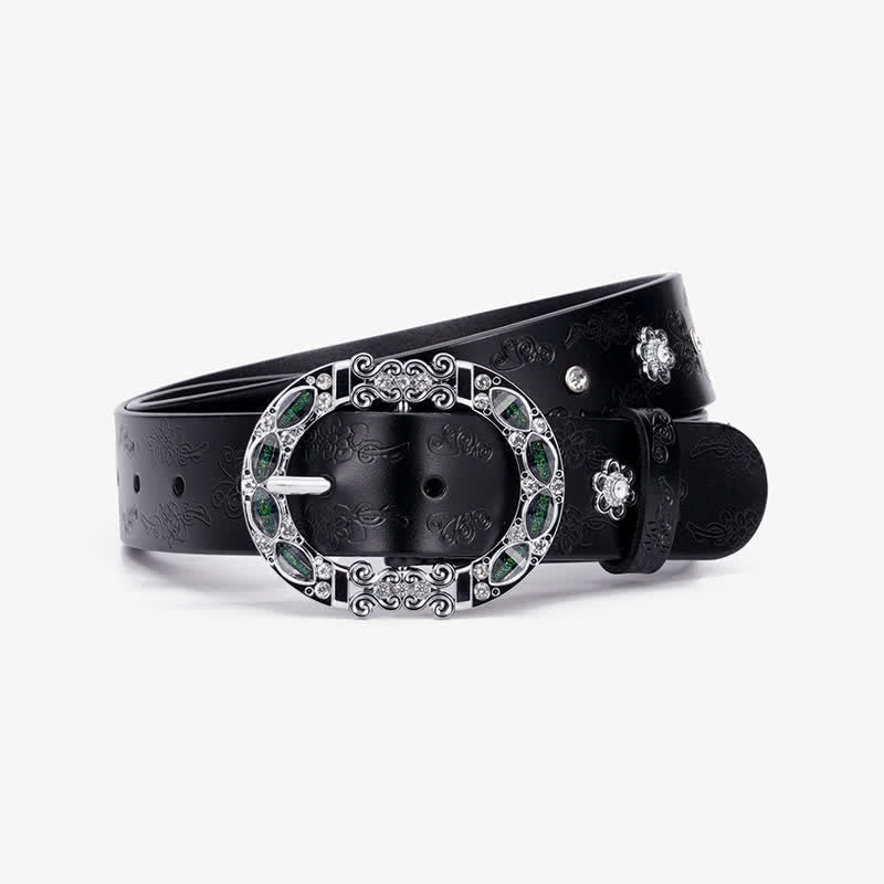 Women's Floral White & Dark Green Rhinestones Leather Belt - image 4