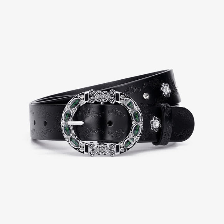 Women's Floral White & Dark Green Rhinestones Leather Belt - image 4