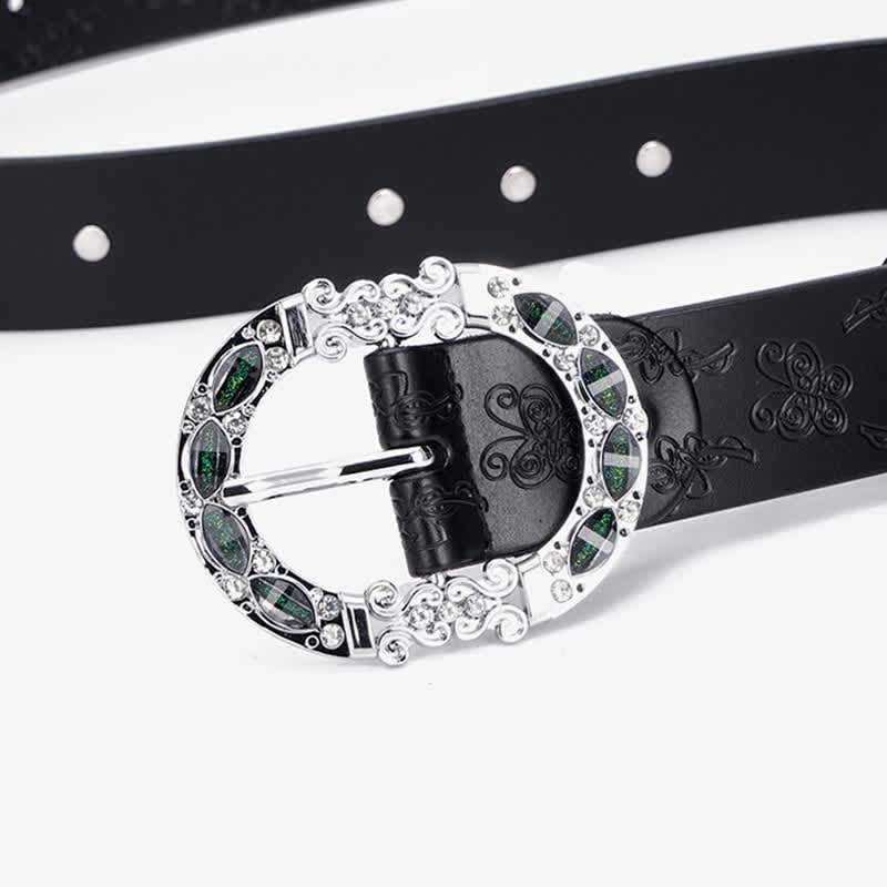 Women's Floral White & Dark Green Rhinestones Leather Belt - image 6