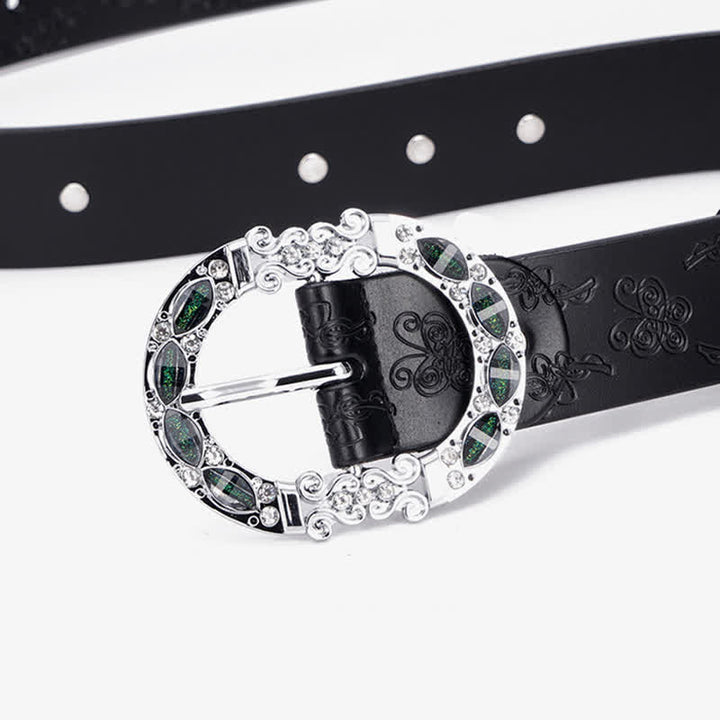 Women's Floral White & Dark Green Rhinestones Leather Belt - image 6