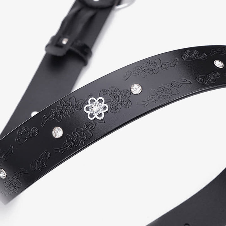 Women's Floral White & Dark Green Rhinestones Leather Belt - image 7