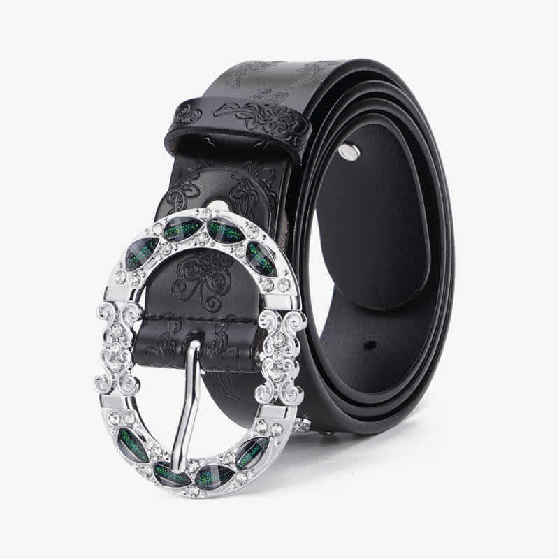 Women's Floral White & Dark Green Rhinestones Leather Belt - image 2