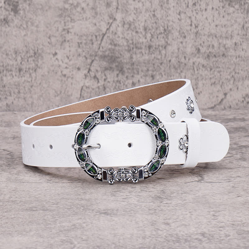 Women's Floral White & Dark Green Rhinestones Leather Belt - image 10