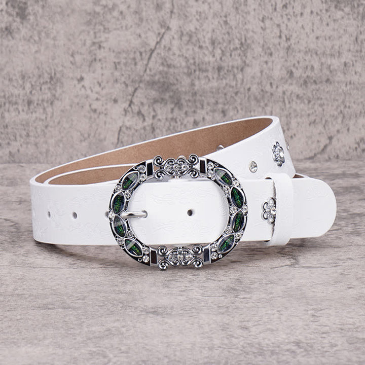 Women's Floral White & Dark Green Rhinestones Leather Belt - image 10