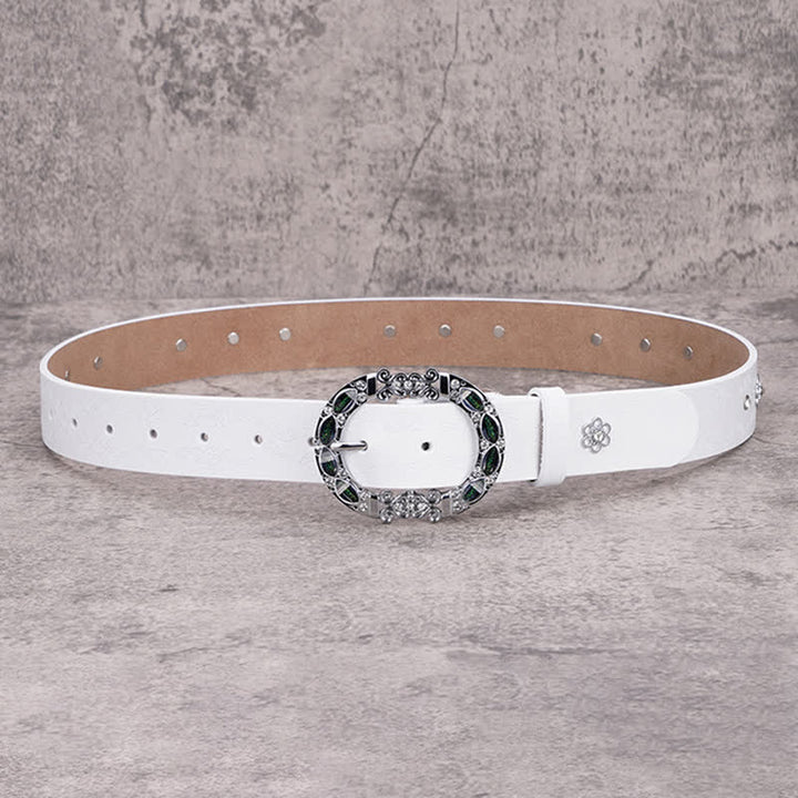 Women's Floral White & Dark Green Rhinestones Leather Belt - image 11
