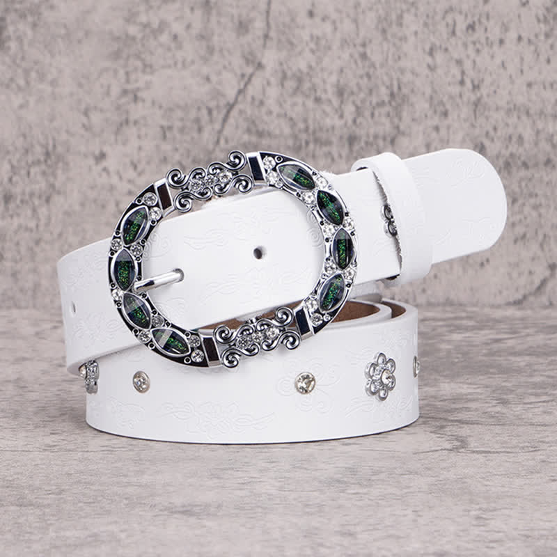 Women's Floral White & Dark Green Rhinestones Leather Belt - White - 36 - image 9