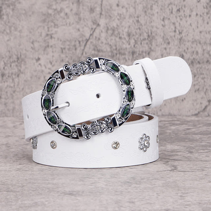 Women's Floral White & Dark Green Rhinestones Leather Belt - White - 36 - image 9