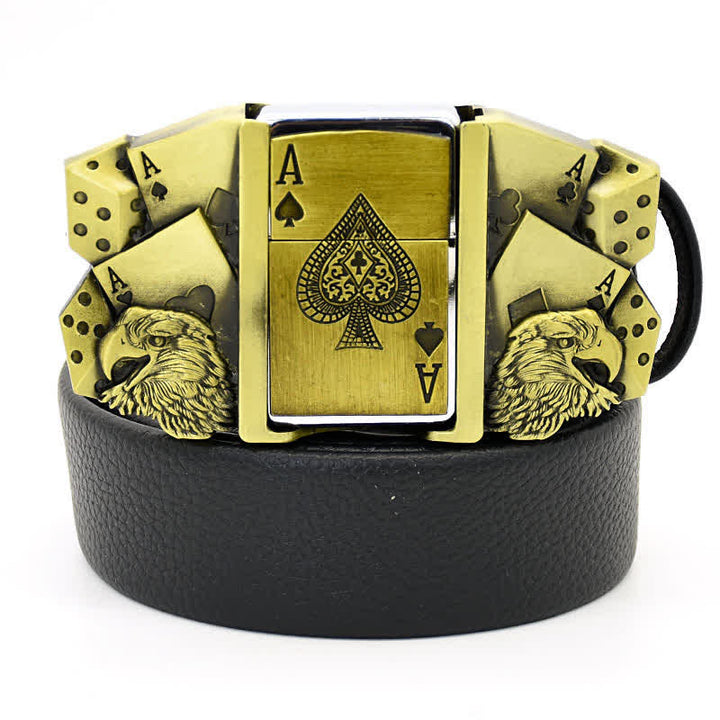 Men's Eagle Poker Ace Gold Leather Belt With Hidden Lighter - Black - 42 - image 0