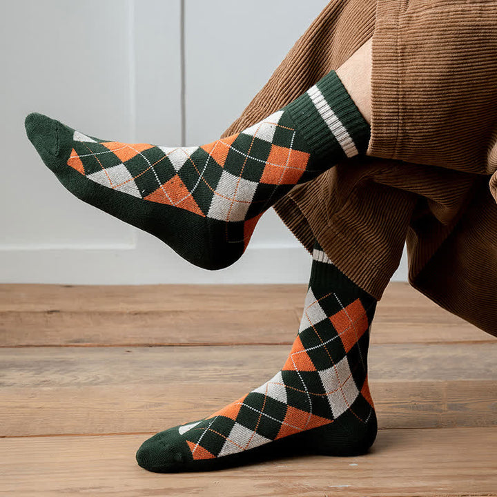 Diamond Checked British Style Cotton Crew Socks - image 3