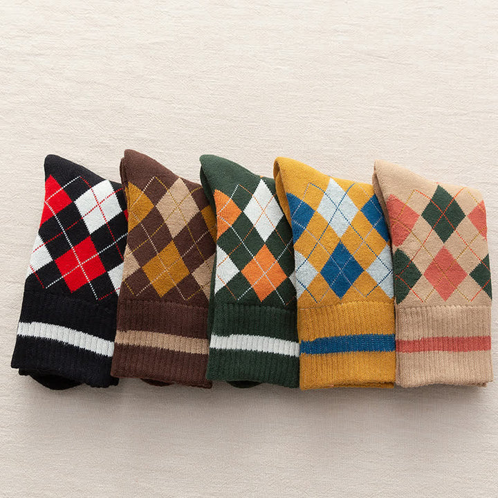 Diamond Checked British Style Cotton Crew Socks - image 7