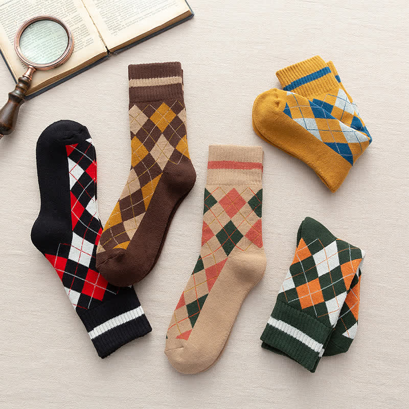 Diamond Checked British Style Cotton Crew Socks - image 5