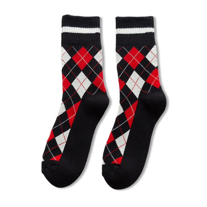 Diamond Checked British Style Cotton Crew Socks - Black - 6 Pairs - One Size (US 6.5 - US 10) - image 17