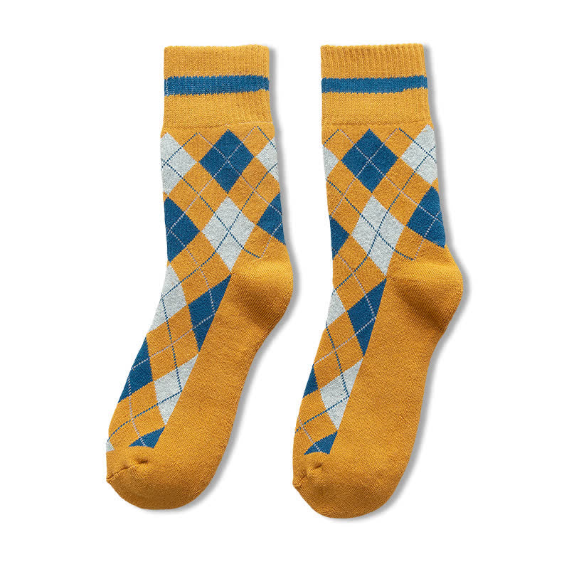 Diamond Checked British Style Cotton Crew Socks - Yellow - 6 Pairs - One Size (US 6.5 - US 10) - image 13