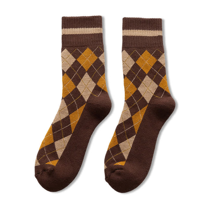 Diamond Checked British Style Cotton Crew Socks - Brown - 6 Pairs - One Size (US 6.5 - US 10) - image 9