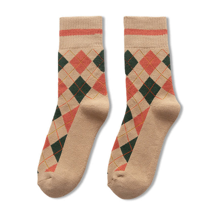 Diamond Checked British Style Cotton Crew Socks - Beige - 6 Pairs - One Size (US 6.5 - US 10) - image 18