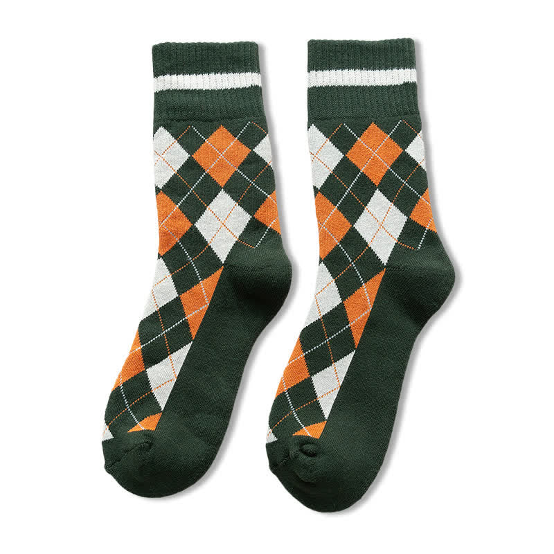 Diamond Checked British Style Cotton Crew Socks - Green - 6 Pairs - One Size (US 6.5 - US 10) - image 2