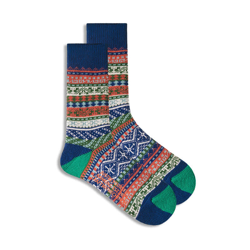 Geometric Pattern Vintage Cotton Crew Socks - Blue & Green - 6 Pairs - One Size (US 6.5 - US 10) - image 1