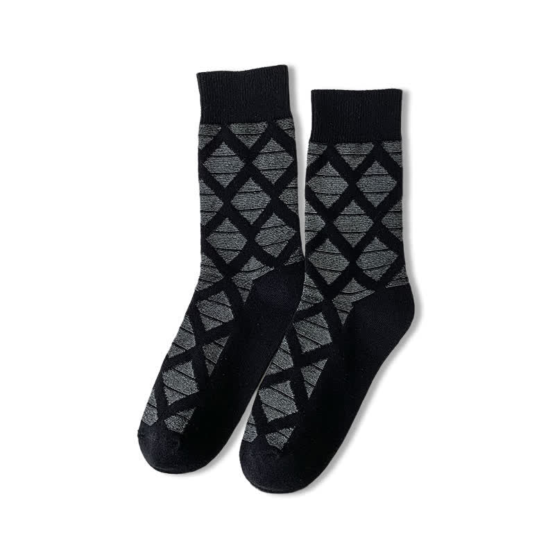 Diamond Pattern Fashion Plaid Knitting Cotton Crew Socks - Black - 6 Pairs - One Size (US 6.5 - US 10) - image 2