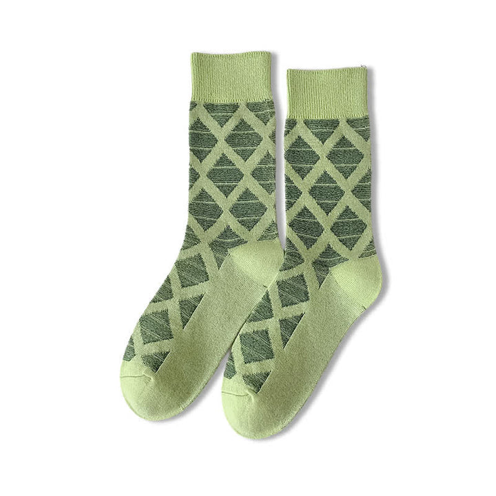 Diamond Pattern Fashion Plaid Knitting Cotton Crew Socks - Green - 6 Pairs - One Size (US 6.5 - US 10) - image 7