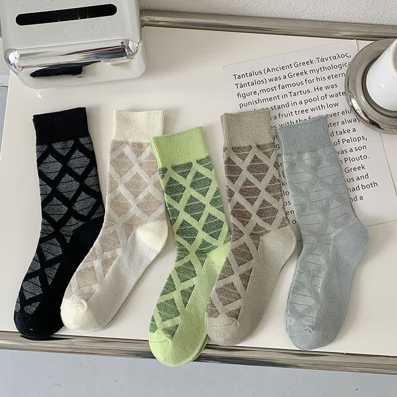 Diamond Pattern Fashion Plaid Knitting Cotton Crew Socks - image 1